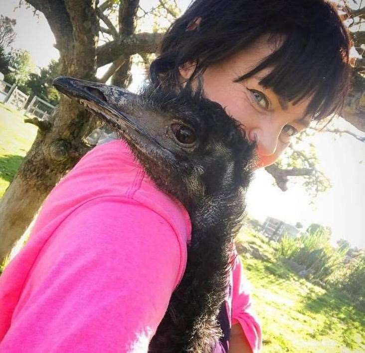 Owner of Happy Pants Ranch, near Bobbing, Amey James with Dugge the emu. Picture: Amey James