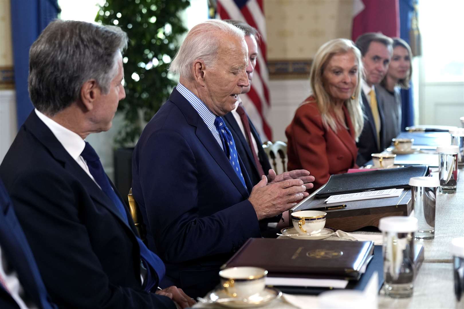 Joe Biden, second left, said ‘I don’t think much about Vladimir Putin’ when asked about the Russian president’s threat of war (Manuel Balce Ceneta/AP)