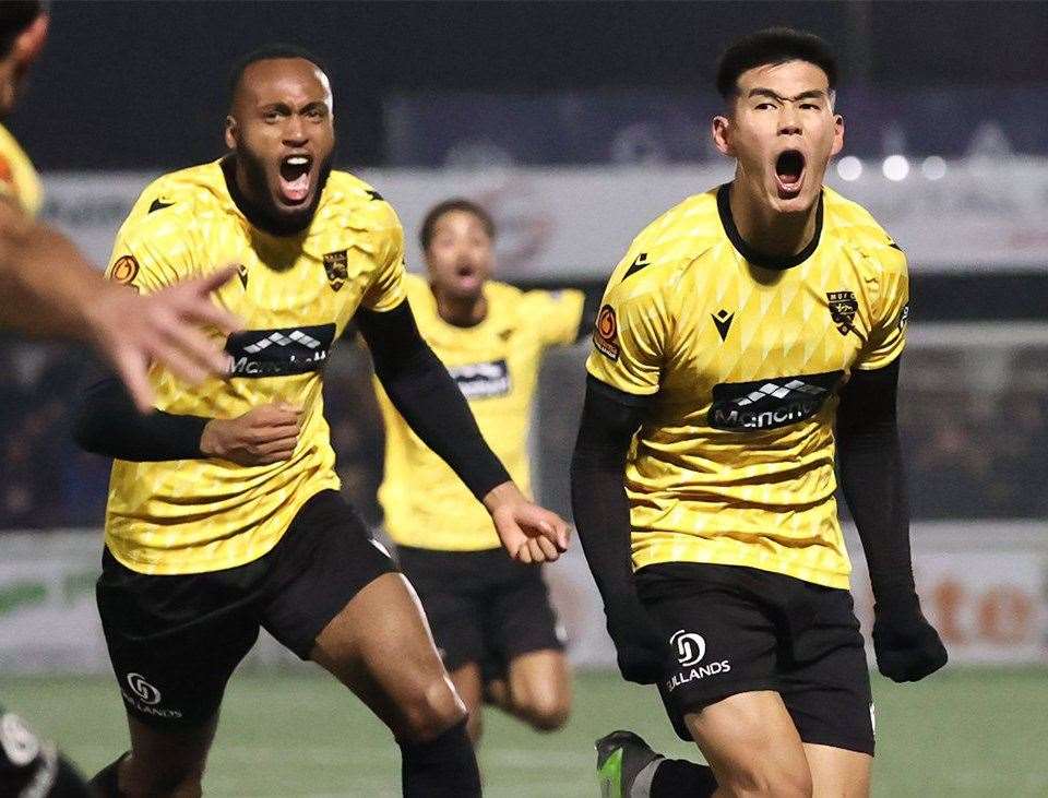 Bivesh Gurung celebrates his winning goal for Maidstone in the FA Cup against Barrow. Picture: Helen Cooper