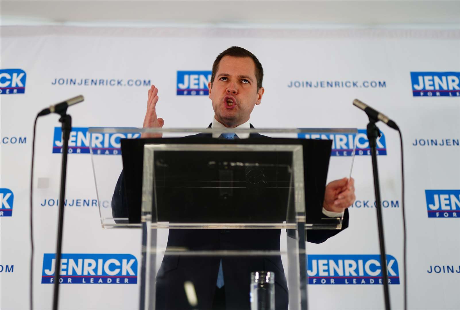 Conservative Party leadership candidate Robert Jenrick delivers a speech (Jordan Pettitt/PA)