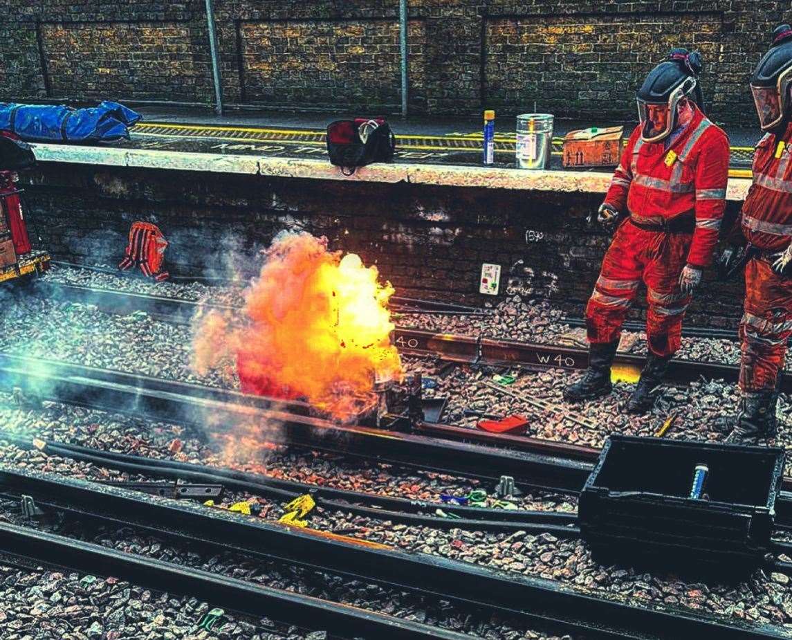 Welding the new tracks at Lewisham junction over the Christmas and New Year holidays. Picture: Network Rail/Colas Rail