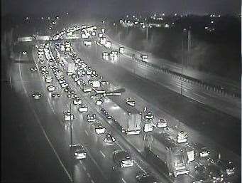 There are long queues on the M20 this morning after a crash. Picture: KCC Highways