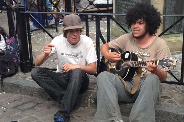 Dan Harding and Josh Pardell busking in the Buttermarket in Canterbury