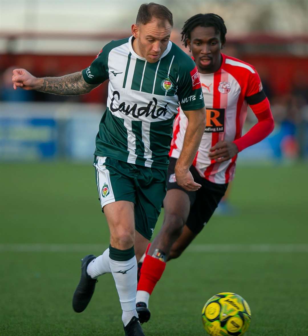 Ashford right-back Barry Fuller gets forward during the win at Holm Park. Picture: Ian Scammell