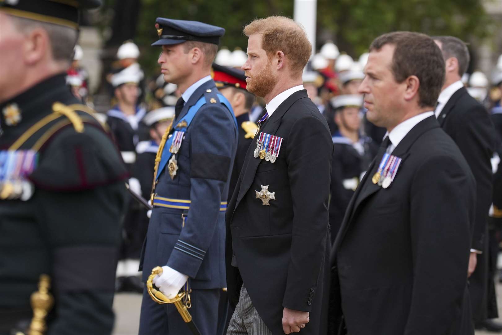 The Prince of Wales, the Duke of Sussex and Peter Phillips following Queen Elizabeth II’s coffin on the day of her funeral (Emilio Morenatti/PA)