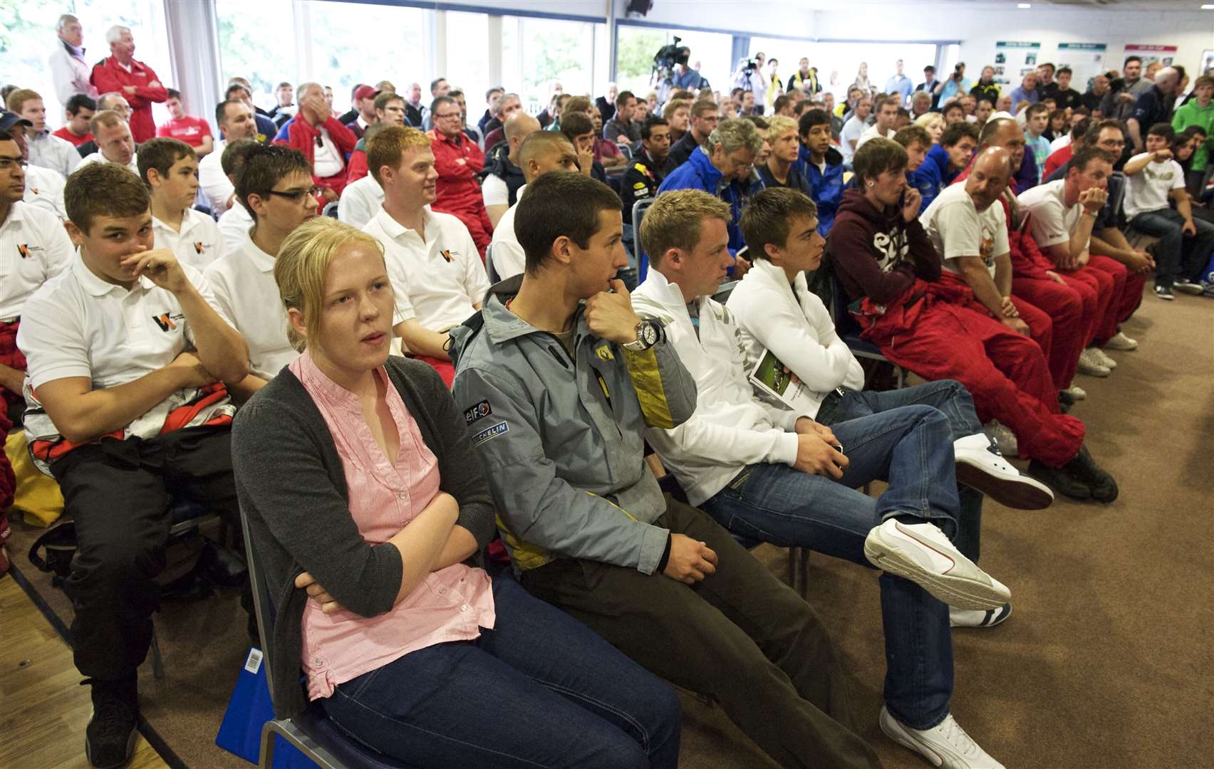 A packed briefing room in July 2010 for the Henry's Headway Karting Challenge. W Series Alice Powell and Formula E's Alexander Sims are in the front row. Picture: Andy Payton