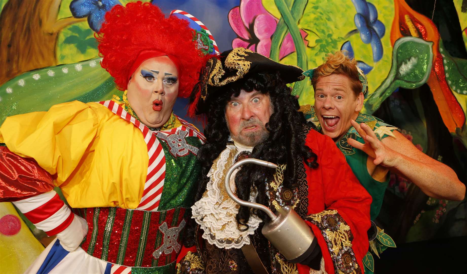 Quinn Patrick (Mrs Smee), Paul Bradley (Captain Hook) and Lloyd Warbey (Peter Pan) Picture: Andy Jones