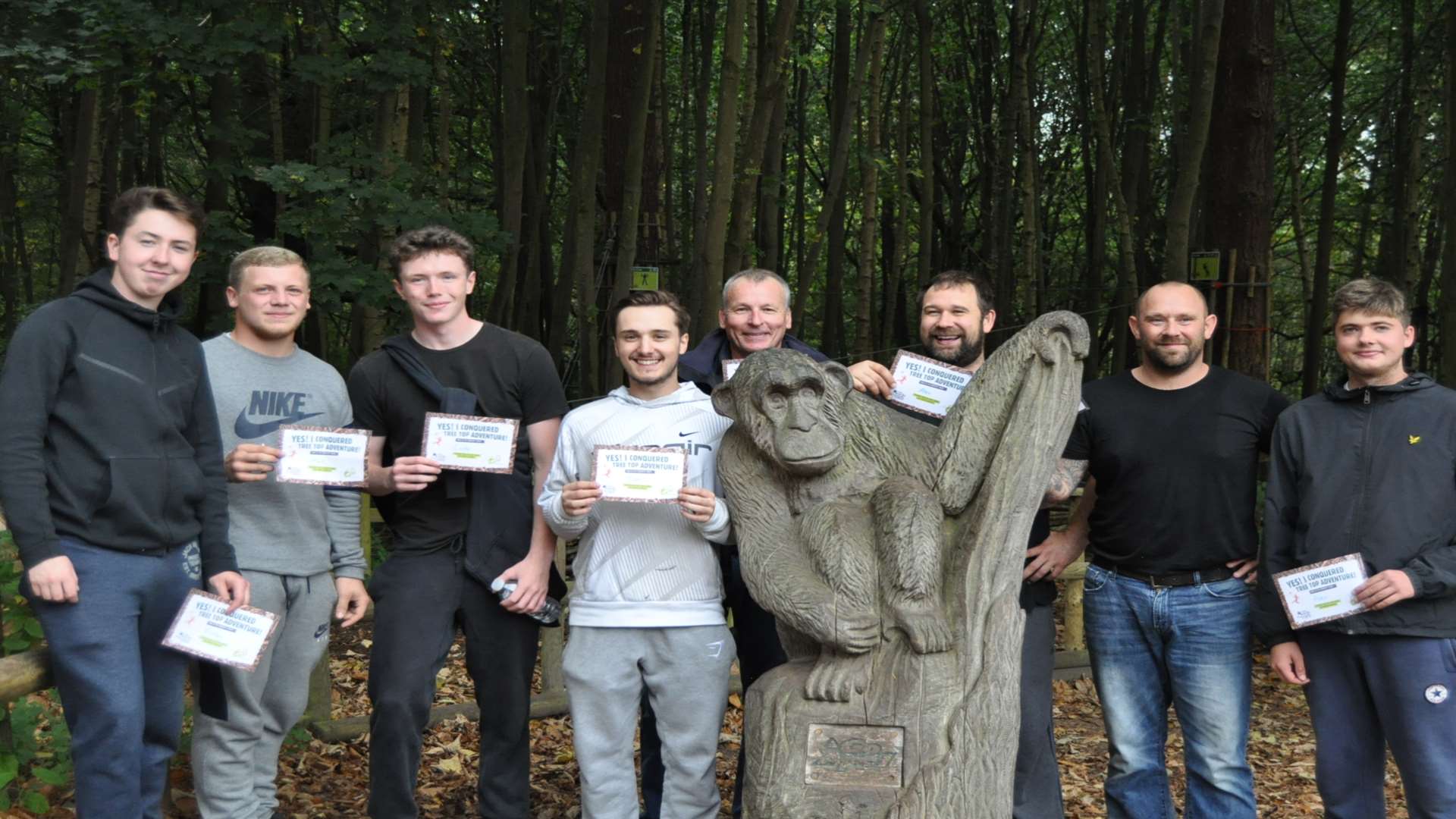 On a teambuilding day at GoApe, from left, Walker Construction apprentices Finley Beadle, Matt Ryan, Luke Chapman, Tom Waklin, southern construction director Martin Watts, site manager Alex Goble, project manager Stuart Caldwell and apprentice Alex Cooke