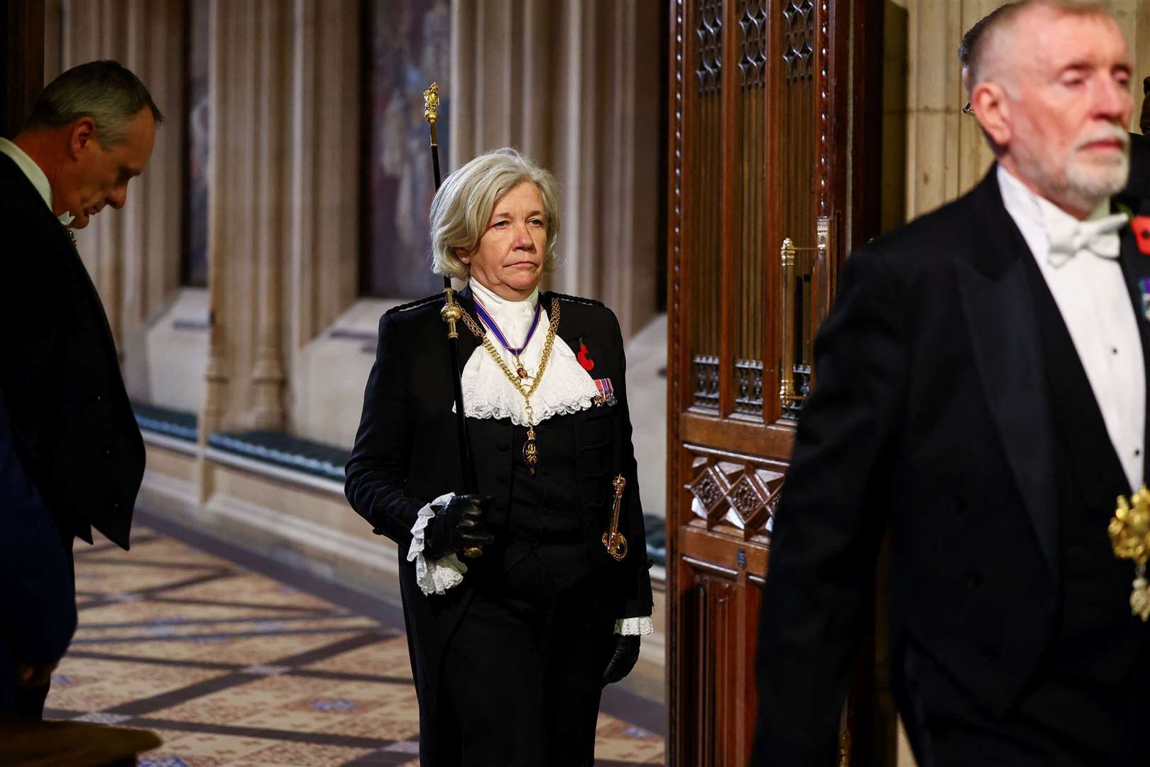 Black Rod Sarah Clarke, stands in the Members’ Lobby at the Palace of Westminster (PA)