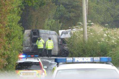 Two vans destroyed by fire after a crash at Blackhouse Hill near Saltwood. Picture: Max Hess