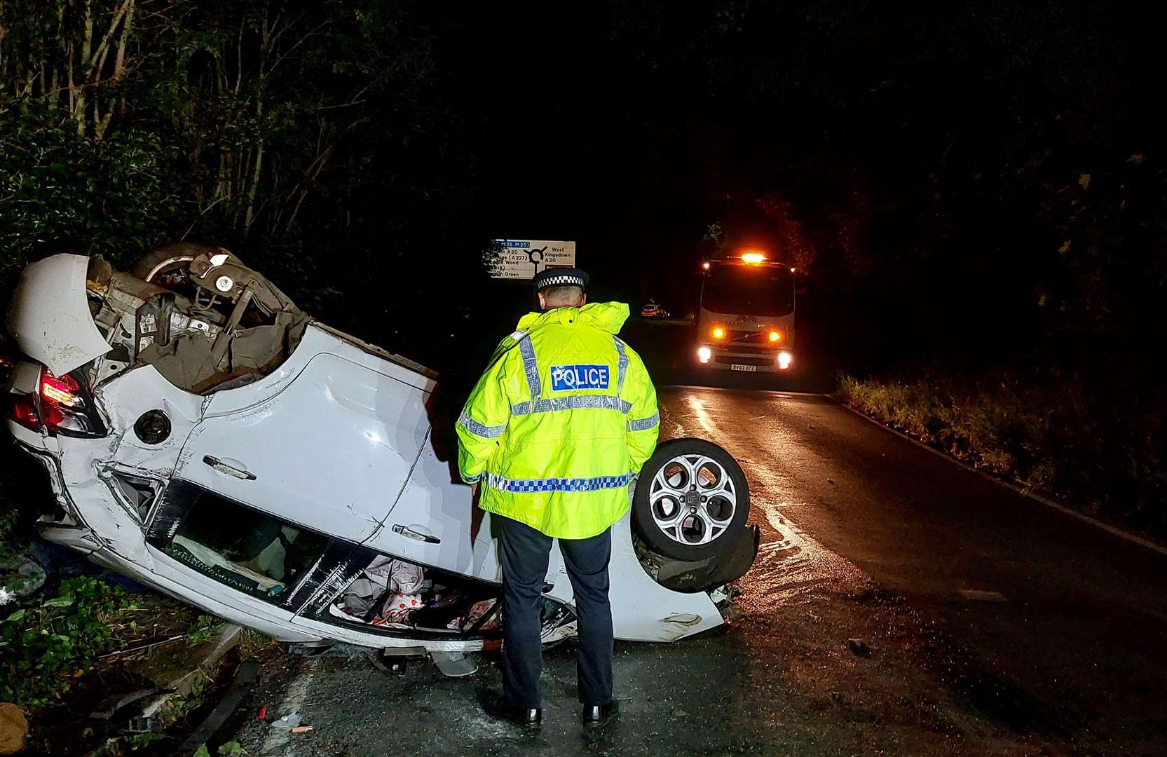 Kent Police arrested a man after finding this car upside down in Wrotham. Picture: Kent Police
