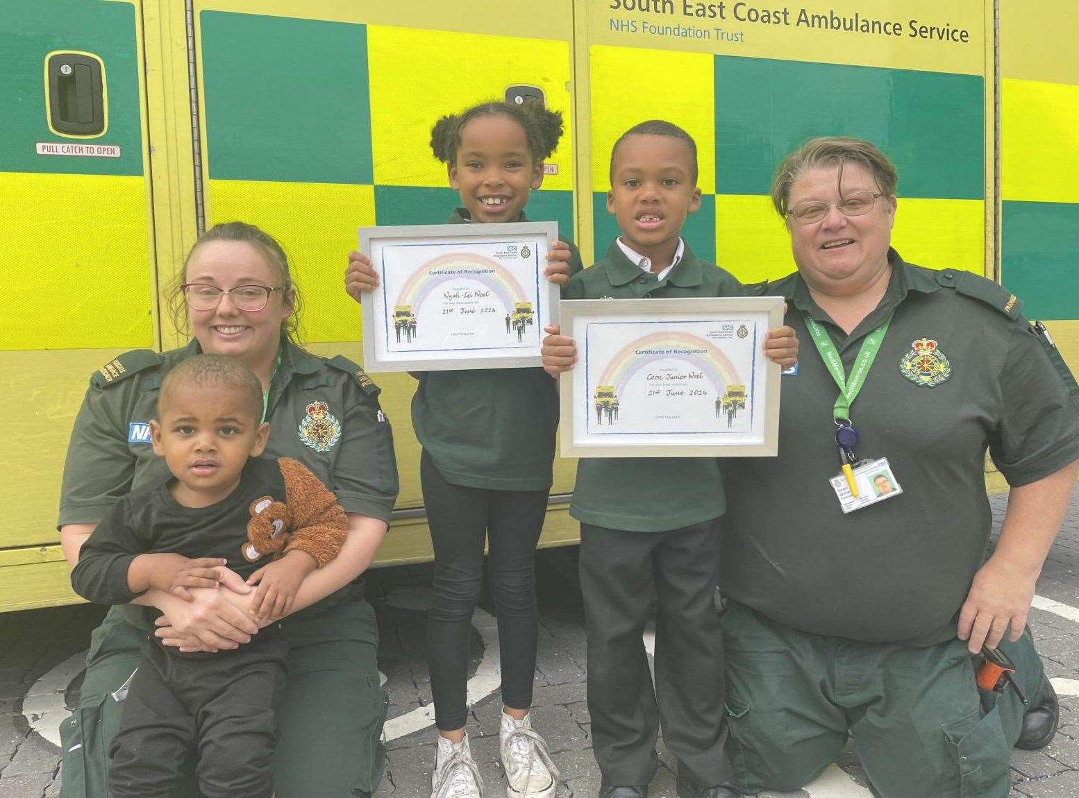 The three siblings from Chatham were reunited with the paramedics that helped their mum. Picture: Secamb