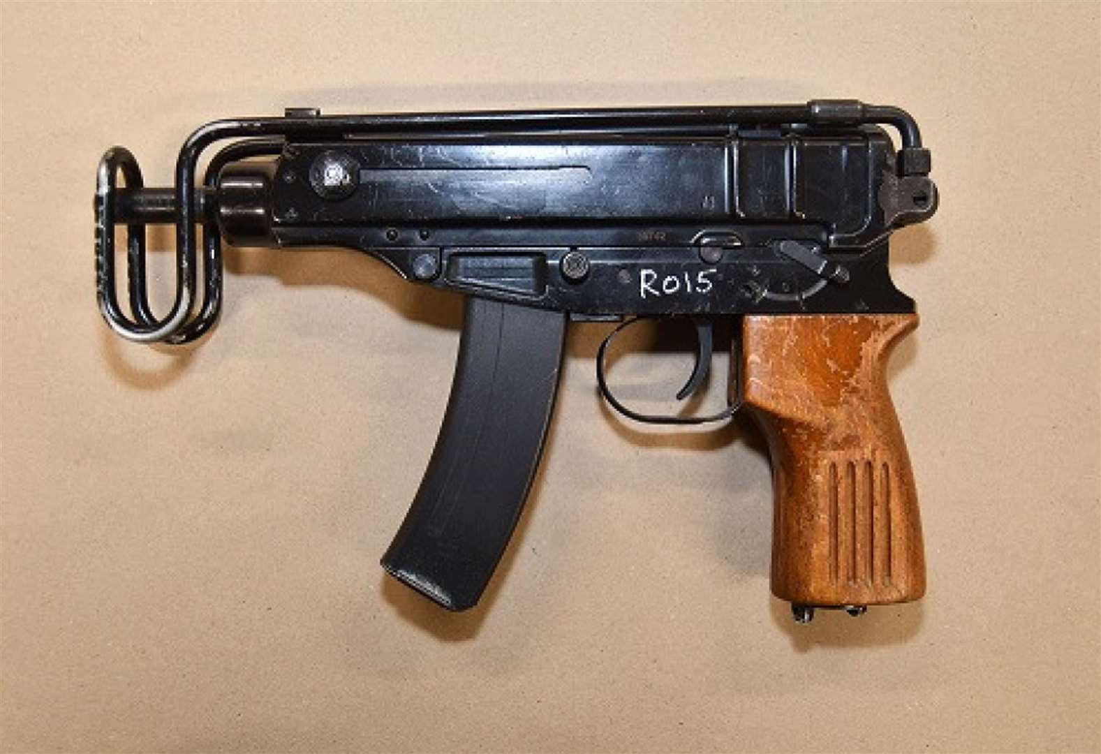 A Skorpion sub-machine gun, similar to the weapon used in the shooting outside the Lighthouse, which was shown to the jury in Connor Chapman’s trial (Merseyside Police/PA)