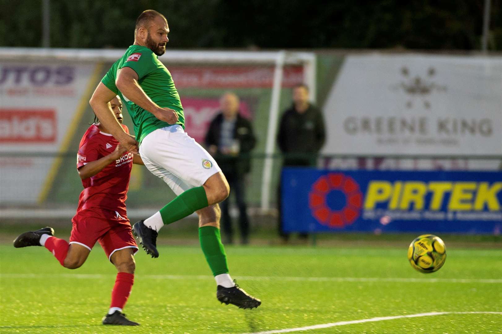 Gary Lockyer puts Ashford 2-1 up at Homelands in their FA Cup replay against Harrow Borough. Picture: Ian Scammell