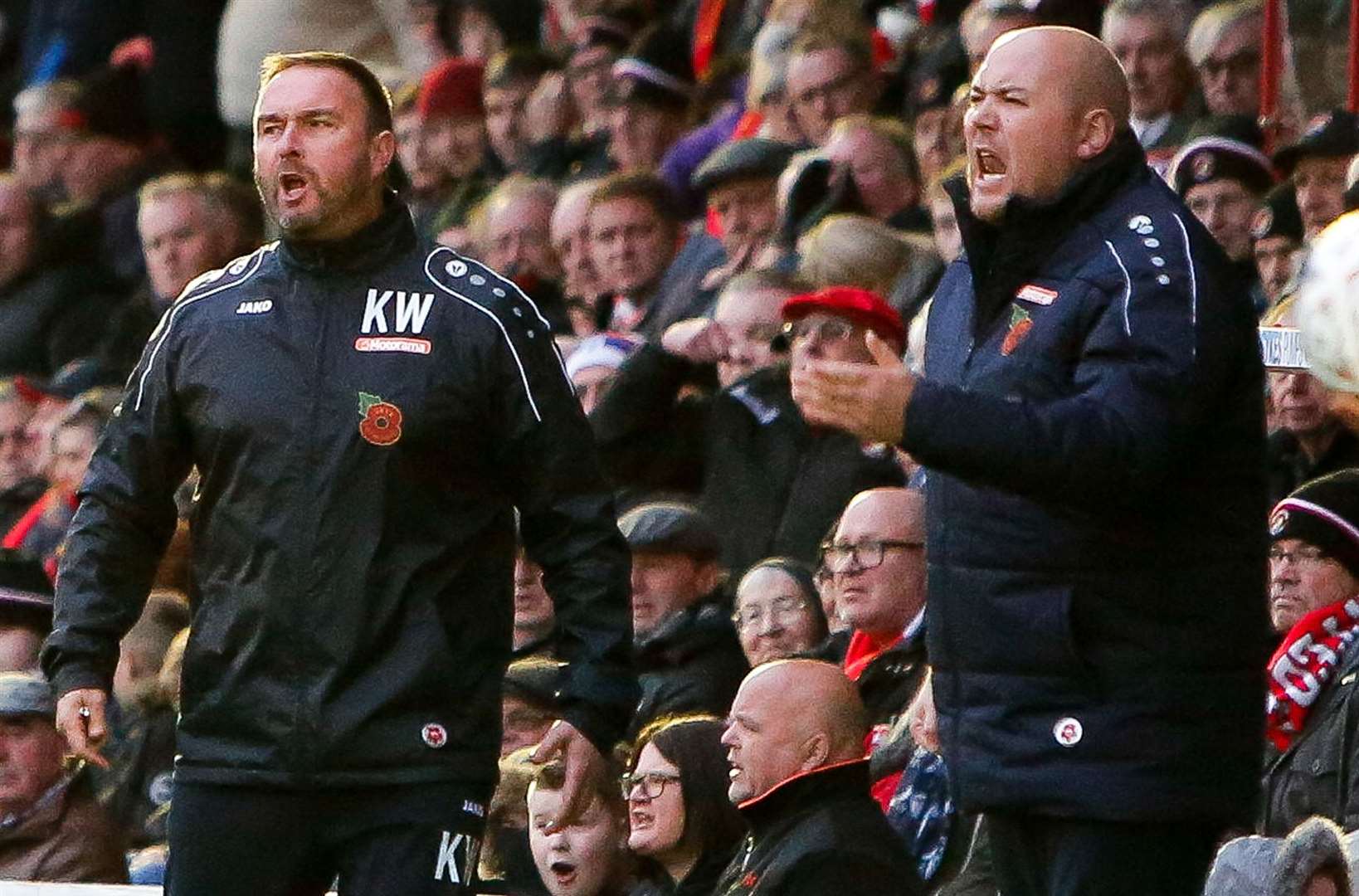 Ebbsfleet assistant boss Tristan Lewis, right, and manager Kevin Watson drive their team on Picture: Matthew Walker