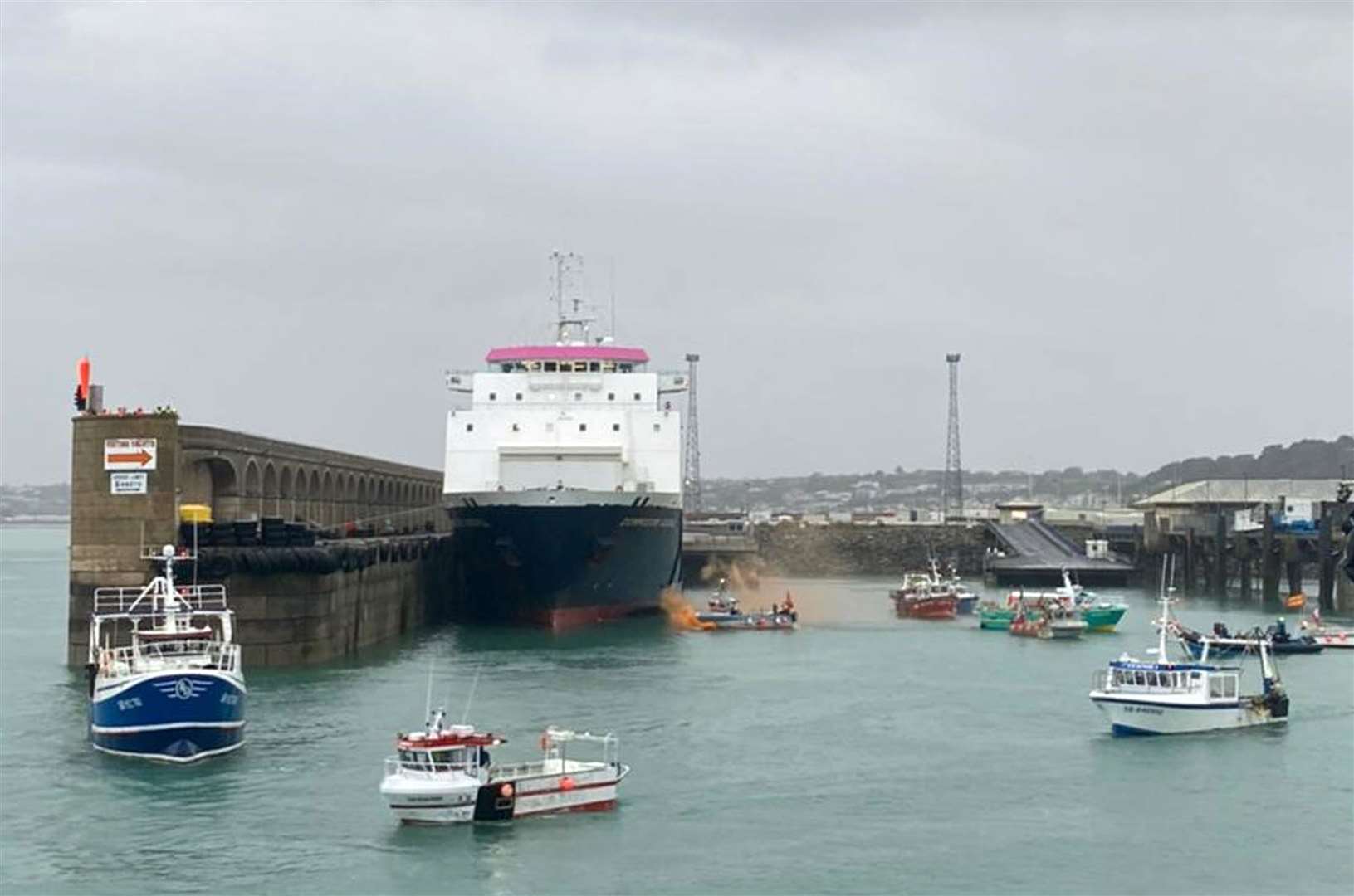 French fishing vessels gathered near the harbour on Thursday morning (Josh Dearing/PA)