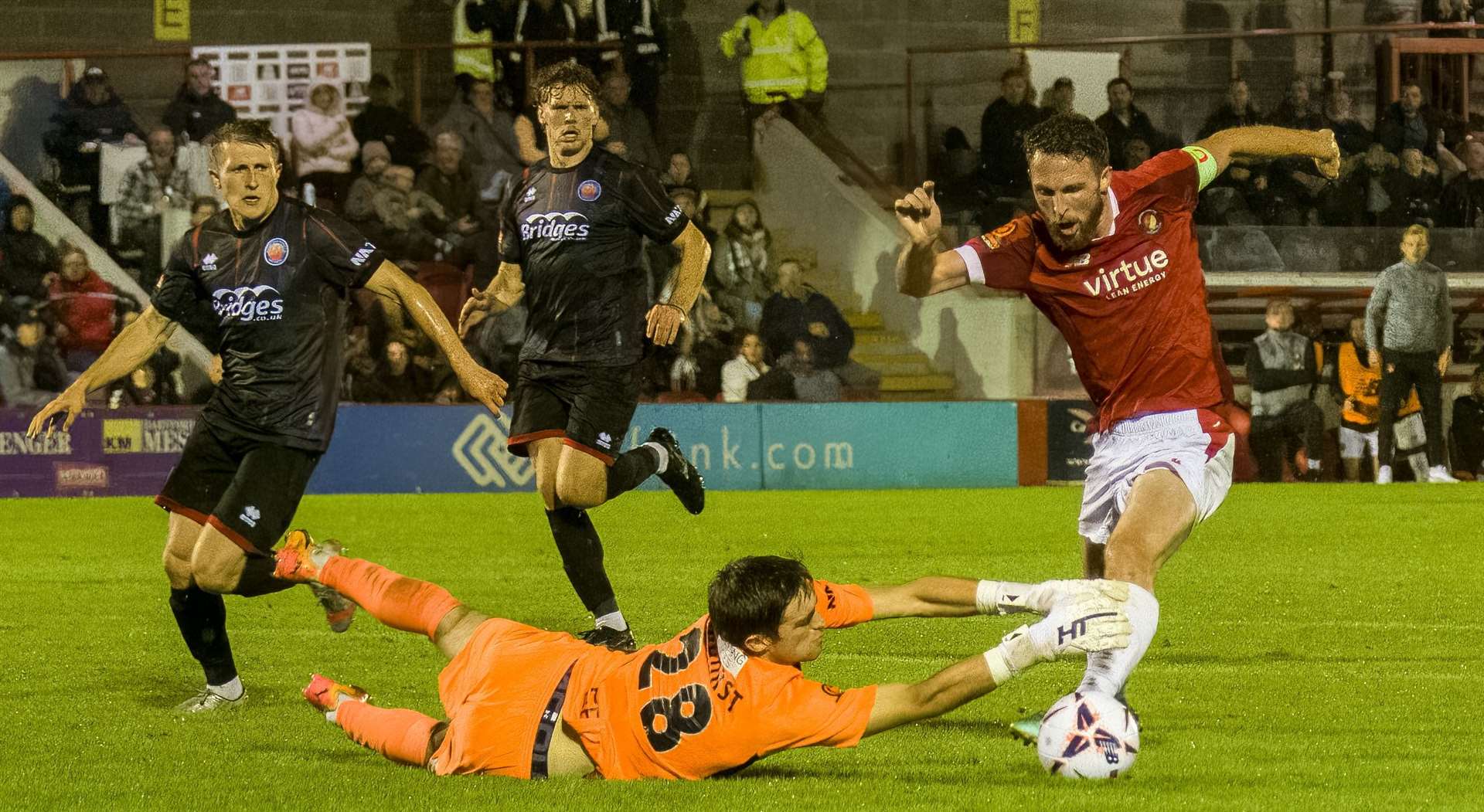 Ebbsfleet’s Jim Kellermann is thwarted against Aldershot on Tuesday. Picture: Ed Miller/EUFC