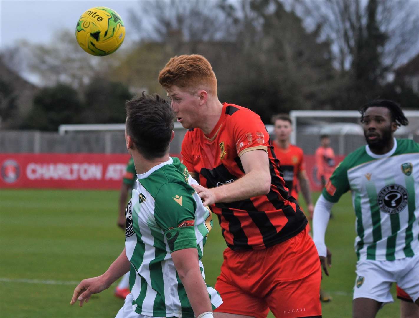 Sittingbourne midfielder Harry Miller wins a header in the win over VCD Picture: Ken Medwyn