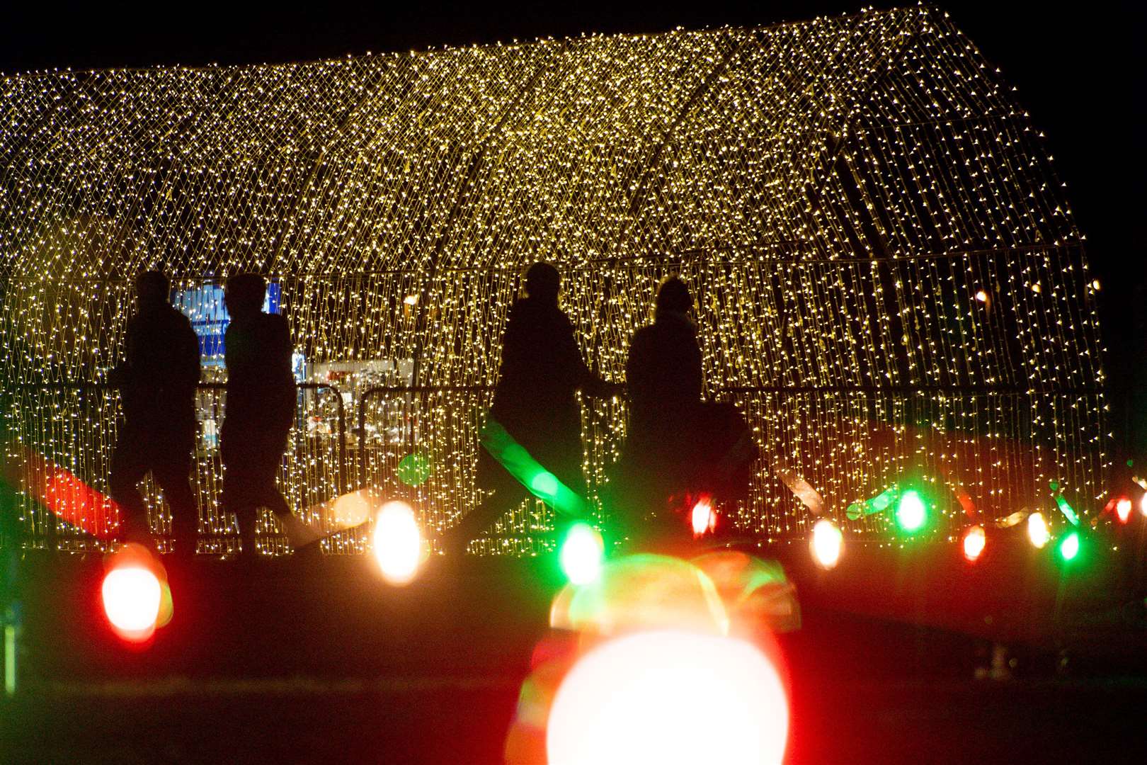 Visitors walk through tunnels lit up with hundreds of Christmas lights, while the grounds around them are also dotted with illuminations (Jacob King/PA)