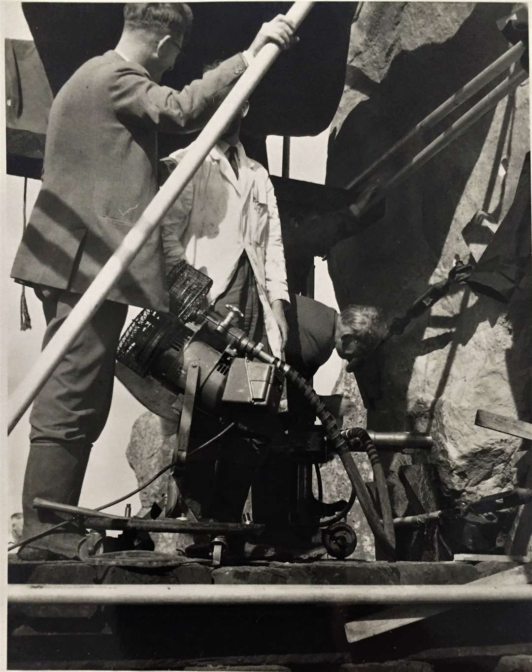 Drilling work at Stonehenge in 1958 during which cores of sarsen stone were extracted from Stone 58 (Robin Phillips)