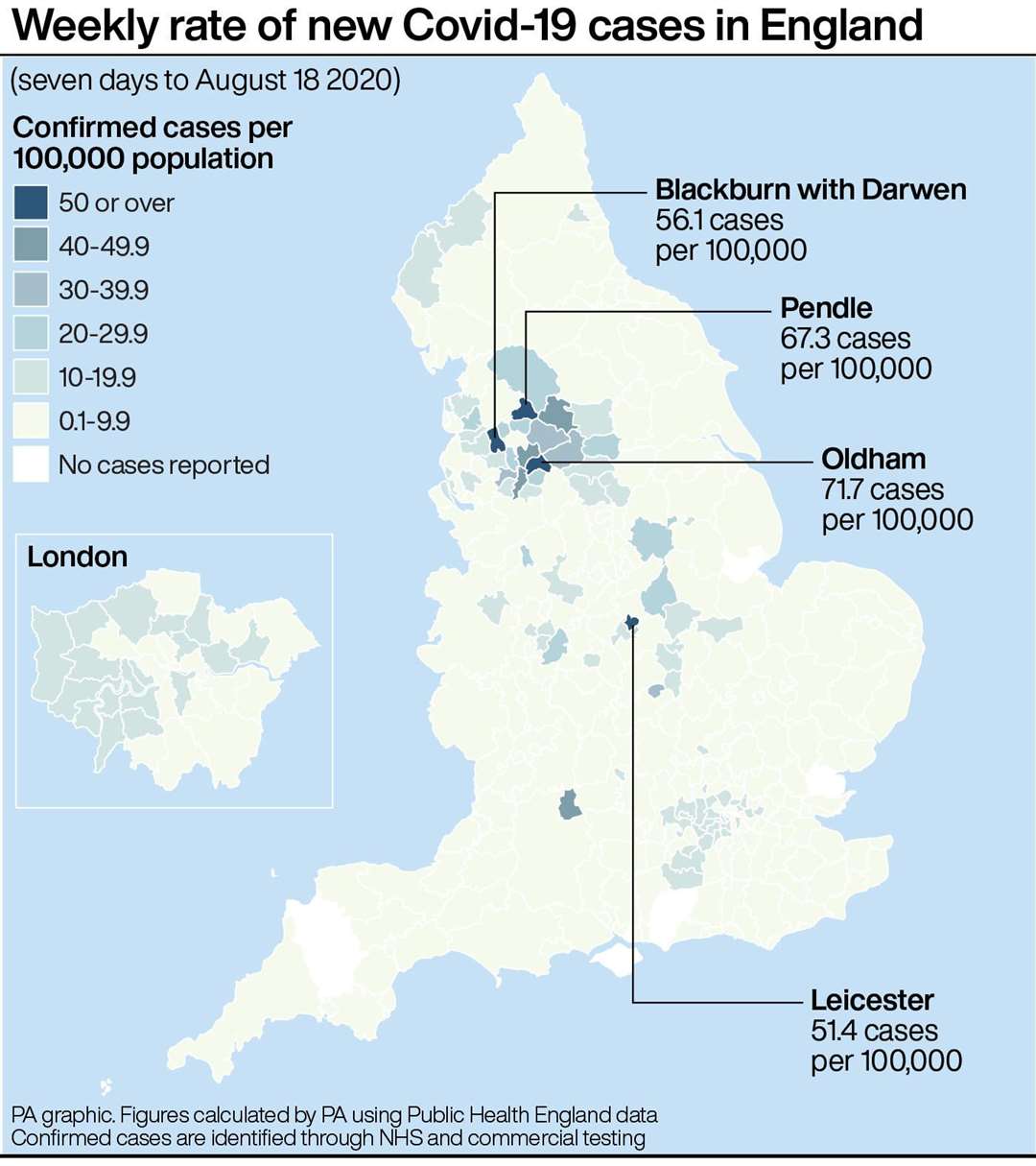 Weekly rate of new Covid-19 cases in England (PA Graphics)