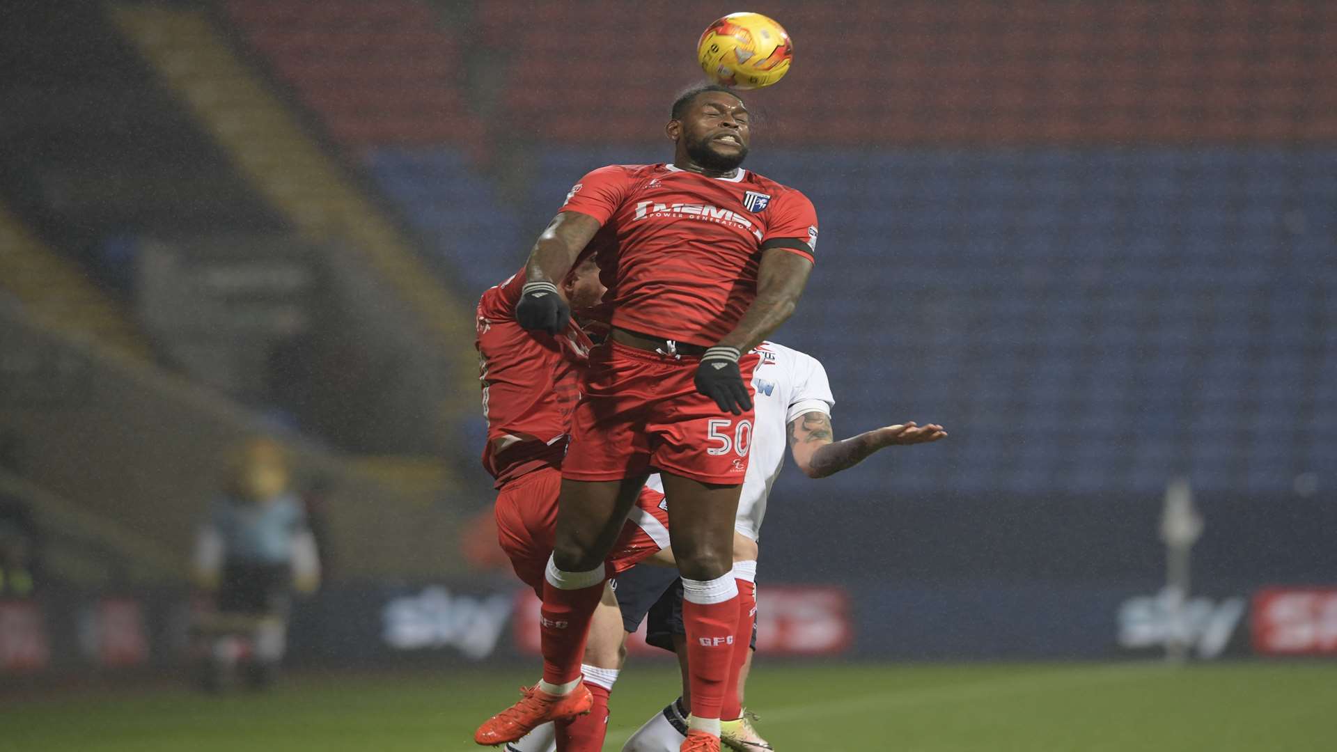 Jay Emmanuel-Thomas wins a header at Bolton Picture: Barry Goodwin