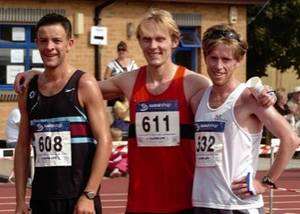 Dartford Half-Marathon winner Mike Coleman is flanked by second-placed Pete Tucker (left) and third-placed Gareth Price