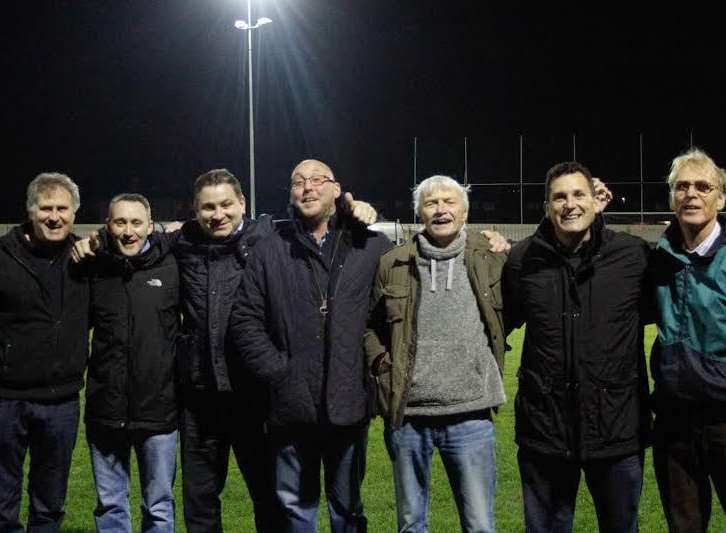 Sheppey United's floodlights are switched-on for the first time. (ltor) Alan Jack, Jon Longhurst, Kevin Hake (manager), Matt Smith (co-chairman), Dave Ingram Snr, Murray Carcary, Keith Lissenden.