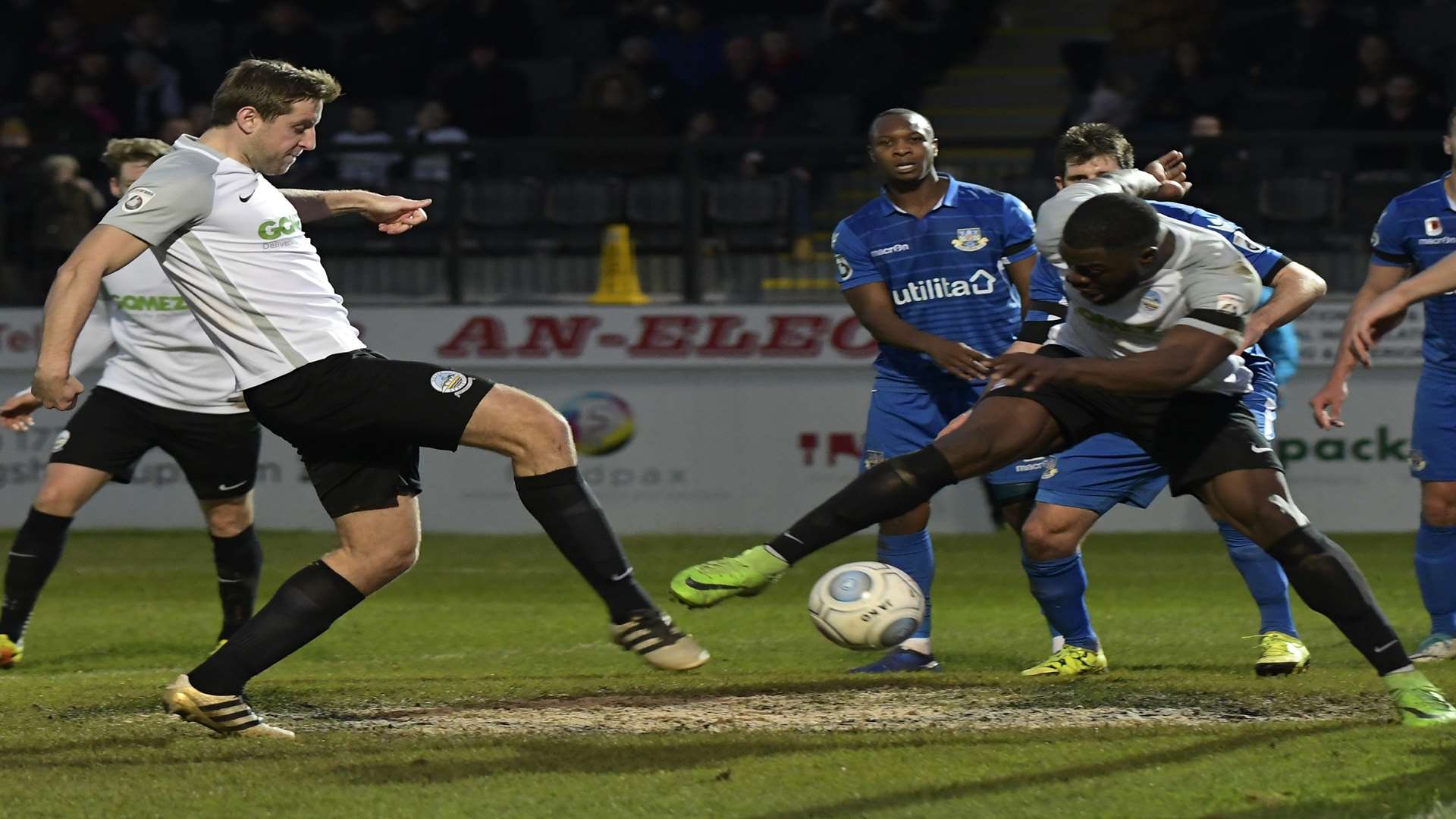 Connor Essam sends the ball on its way to the net against Eastleigh on Saturday. Picture: Tony Flashman