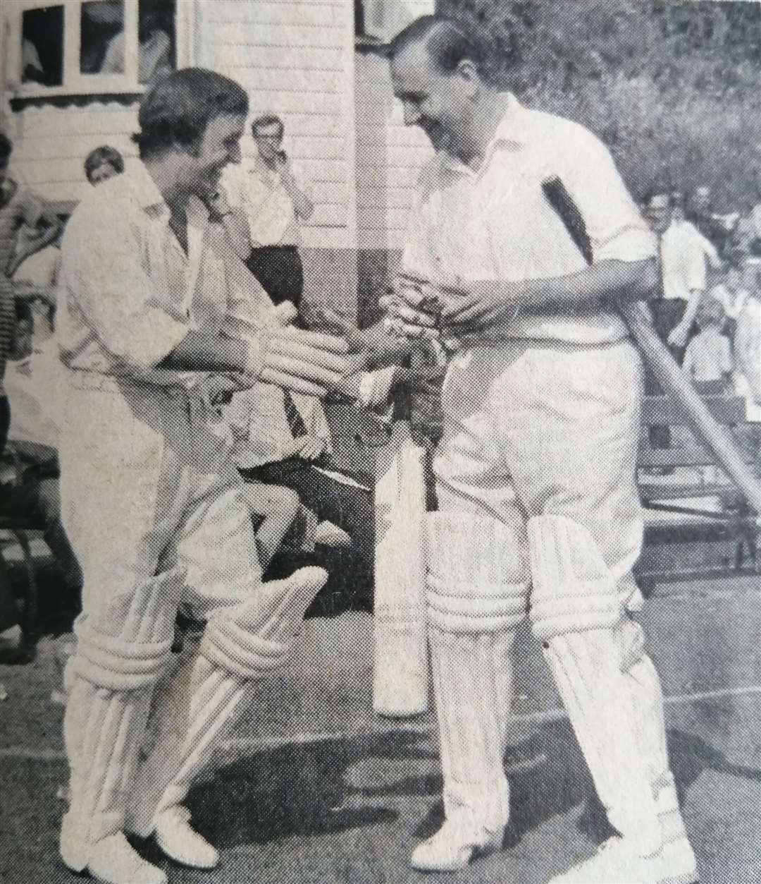 Colin Cowdrey (right) greets Liverpudlian singer Gerry Marsden on the pitch at The Grove, Sittingbourne, in August, 1969