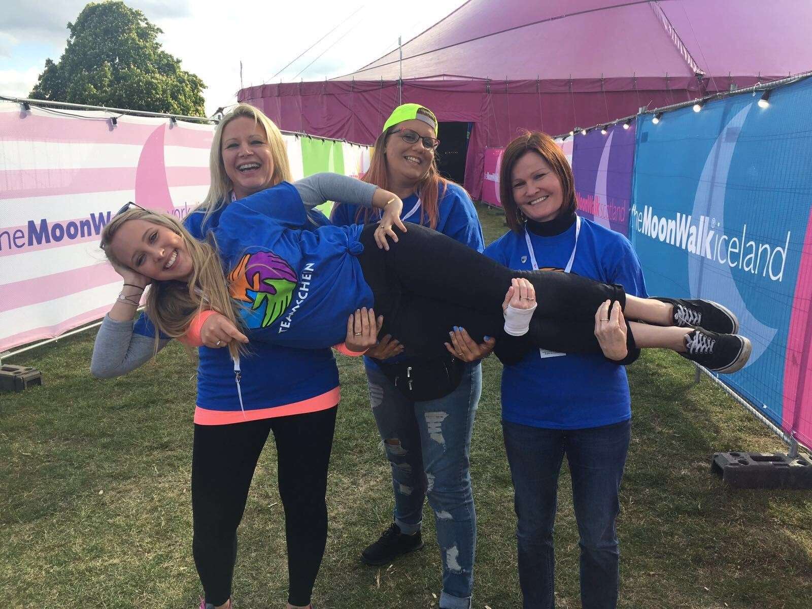 Henry’s Angels founders (left to right) Ellie Nightingale, Lynsey van Wyk and Lyn Yorke holding Amber Cordingley