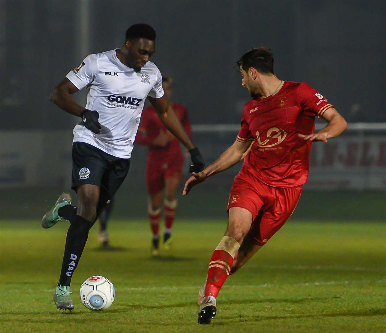 Dover striker Inih Effiong gets at the Hartlepool defence Picture: Alan Langley