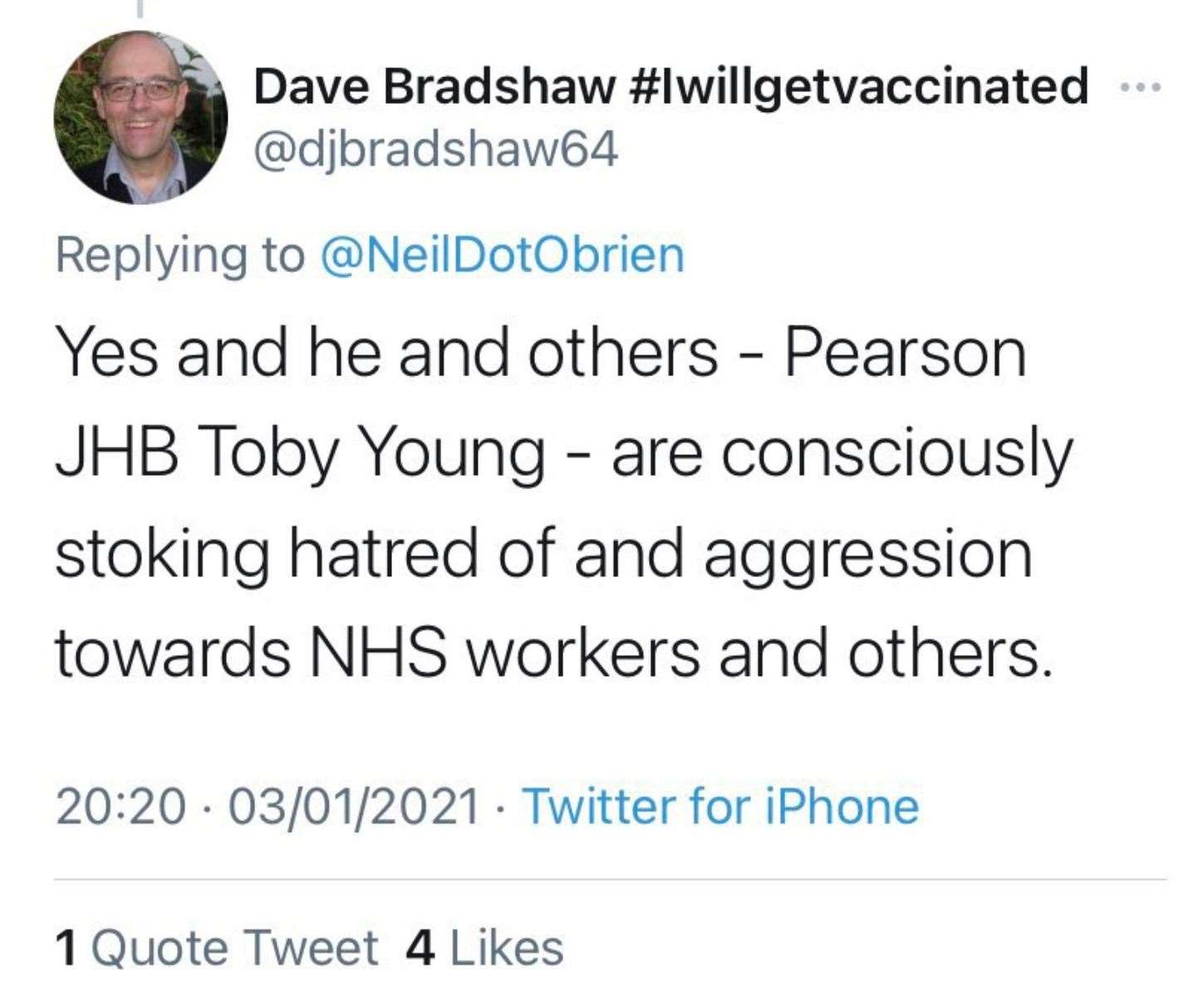 A screenshot of the alleged defamatory tweet from Mr Bradshaw