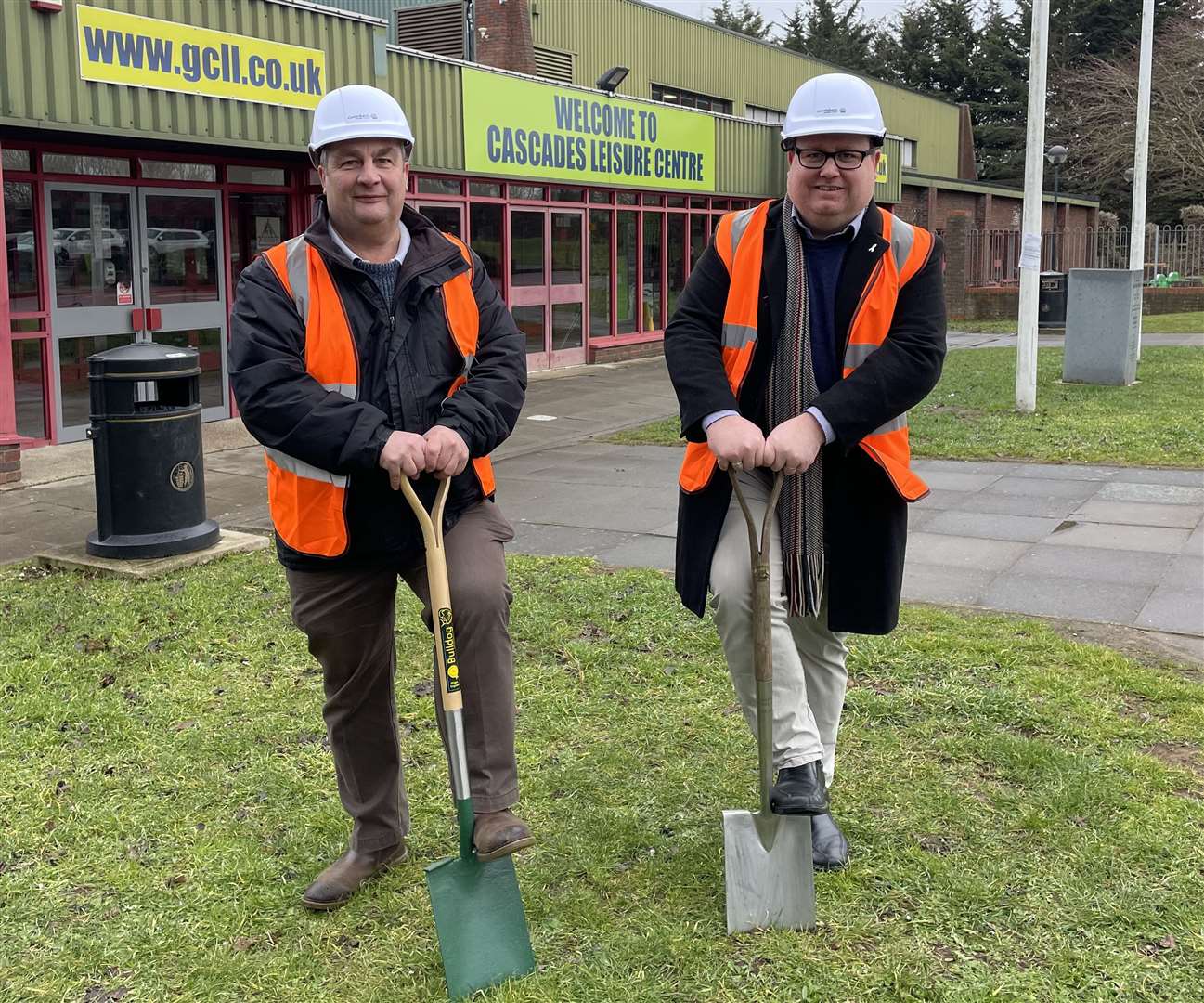 Cllr John Burden and Cllr Shane Mochrie-Cox on site at Cascades where a new leisure centre is to be built