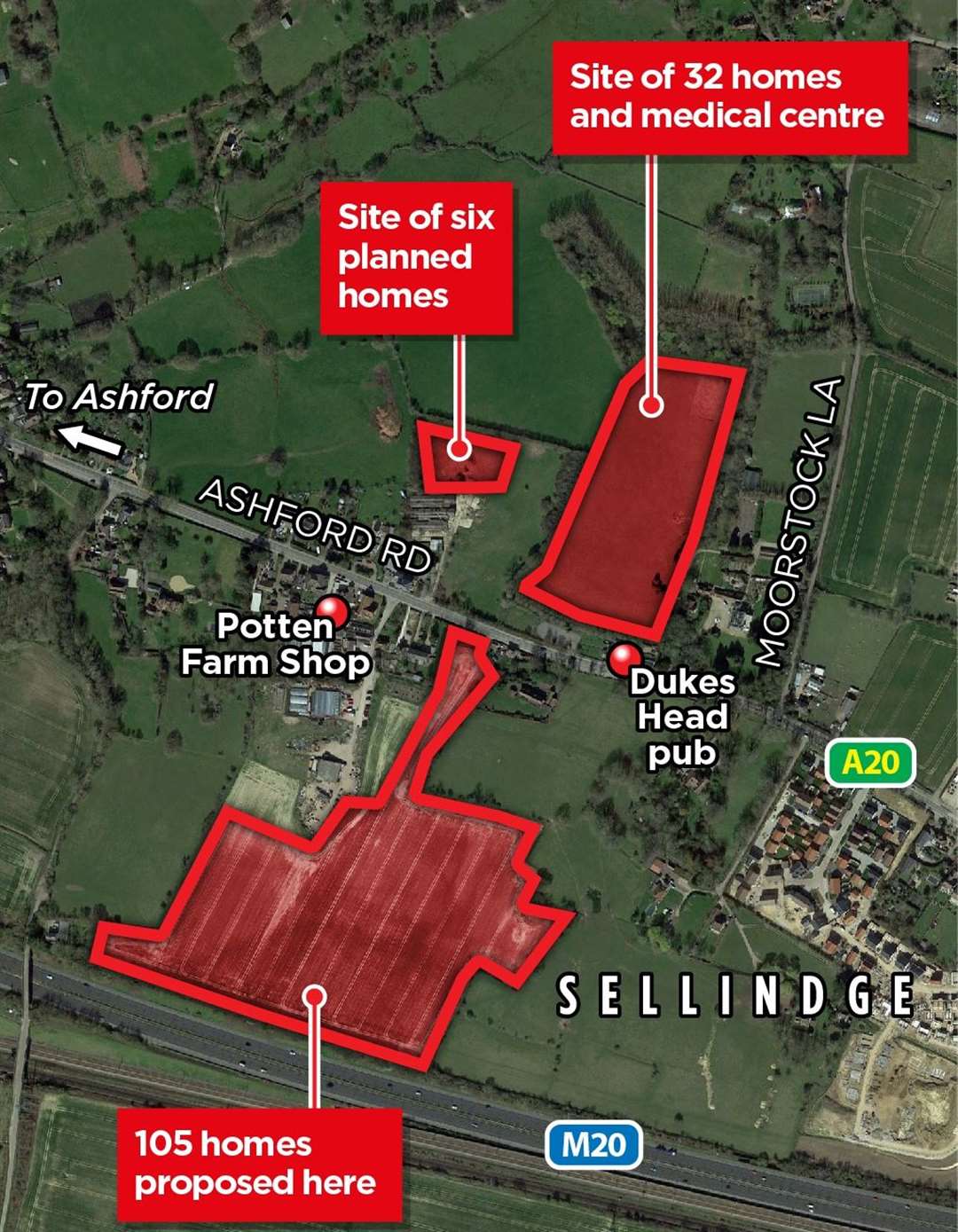 Graphic showing where the proposed developments will be, along with Gladman Developments Limited’s plans for 105 homes opposite