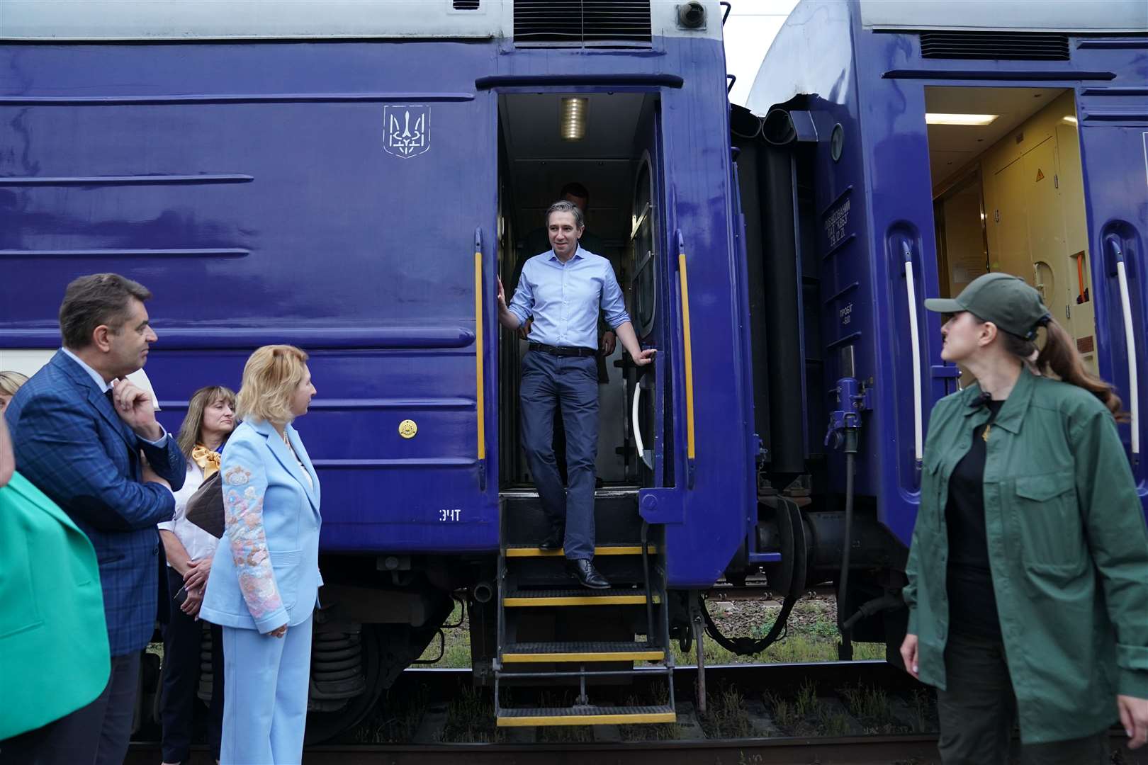 Mr Harris arrives by train at Nemishaieve station (Stefan Rousseau/PA)