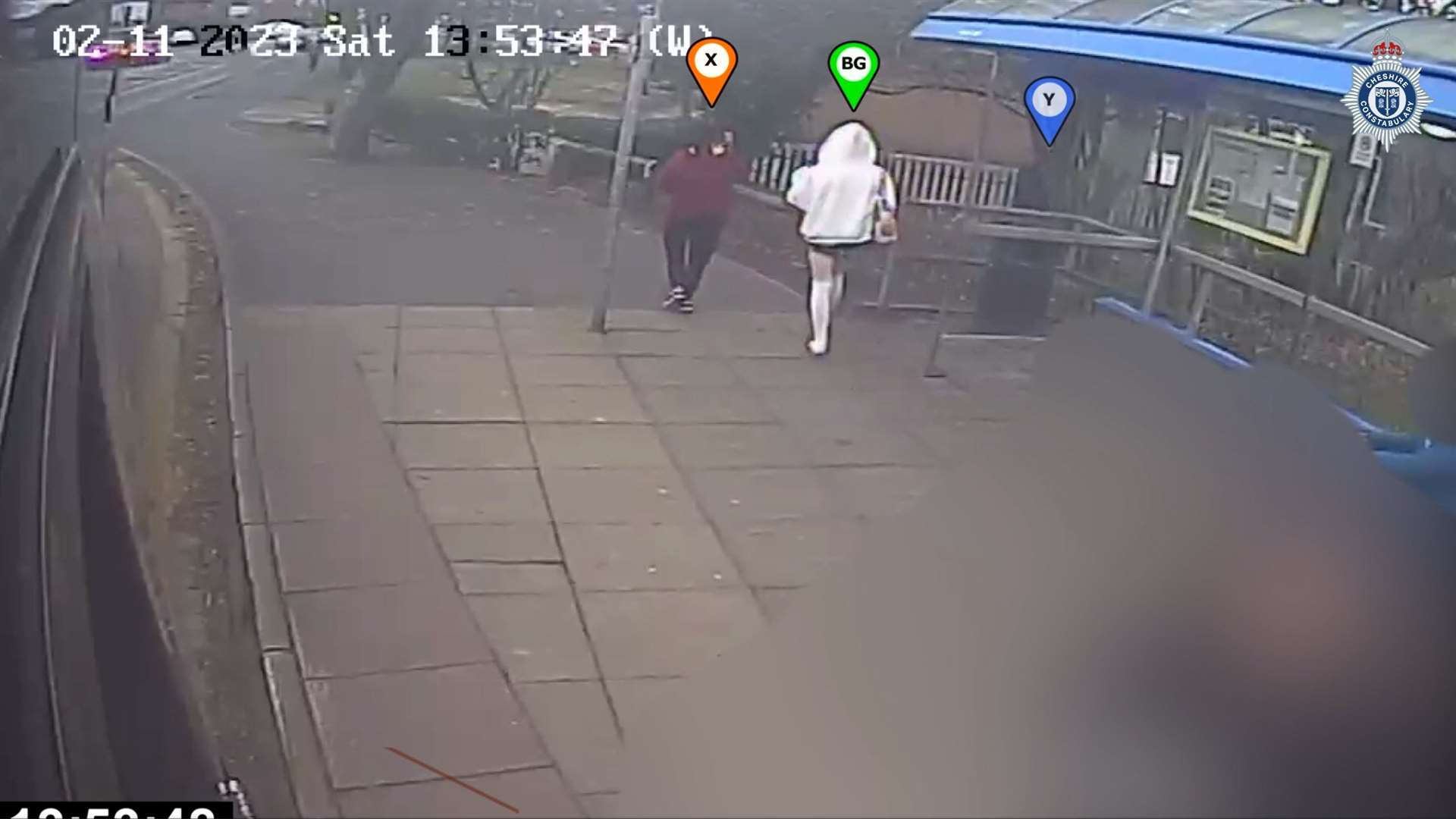 Scarlett Jenkinson (marked X) and Eddie Ratcliffe (marked as Y) meet Brianna Ghey (marked as BG) at a bus stop on the day of her murder (Cheshire Police/PA)