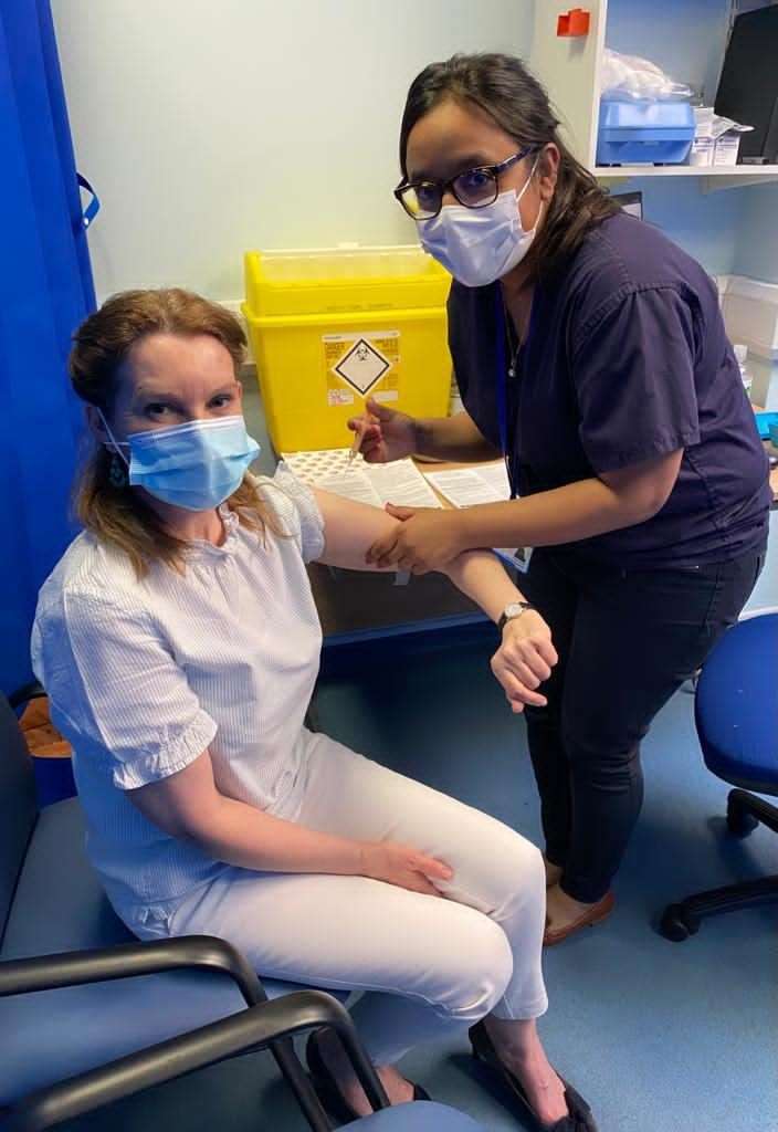Natalie Elphicke on her first vaccination in March, being injected by Dr Sanchia Braganza. Picture:Office of Natalie Elphicke MP