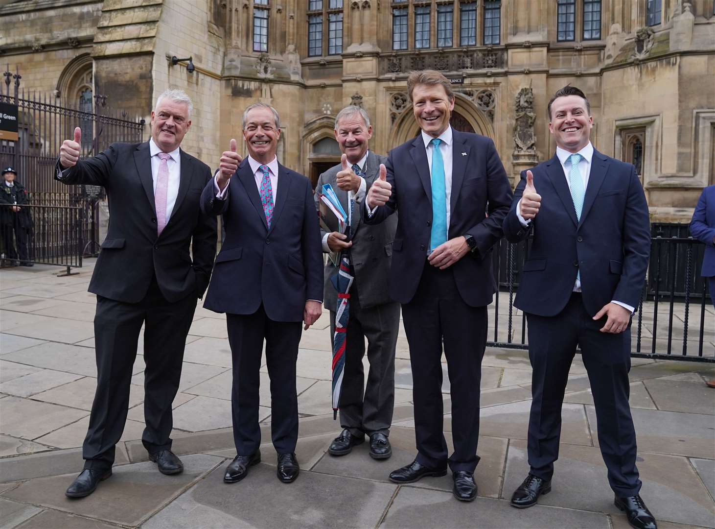 Reform UK’s five MPs, from left, Lee Anderson, Nigel Farage, Rupert Lowe, Richard Tice and James McMurdock (Maja Smiejkowska/PA)