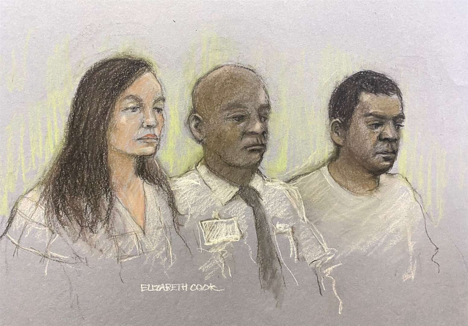 Constance Marten and Mark Gordon seated with a dock officer at the Old Bailey (Elizabeth Cook/PA)