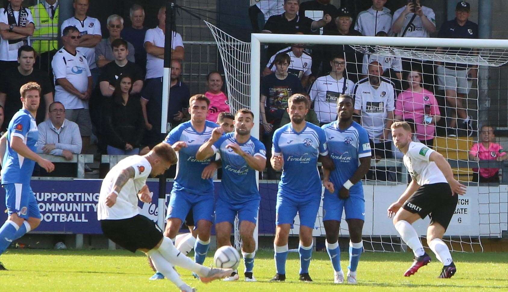 Jack Jebb's free-kick hits the post during Dartford's draw with Tonbridge last weekend. Picture: David Couldridge