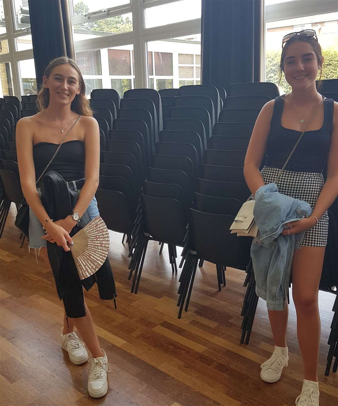 Invicta Grammar A-level results day. Hannah Bowers, 18 and Lily McGuire, 18