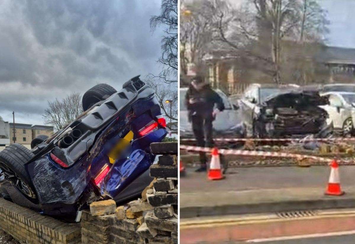 Video shows aftermath of BMW M5 crash into four other cars in Overy Street Car Park, between The Rose pub and Wickes in Dartford