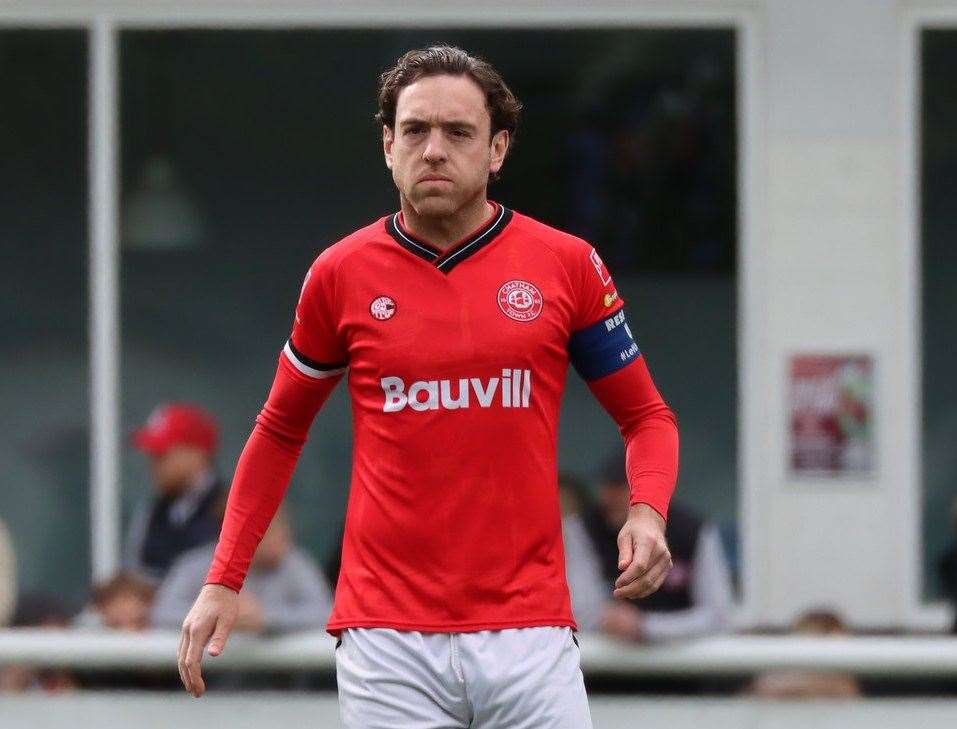 Captain Jack Evans - put Chatham ahead in their 1-1 home Isthmian Premier draw with Dover on Saturday. Picture: Max English (@max_ePhotos)