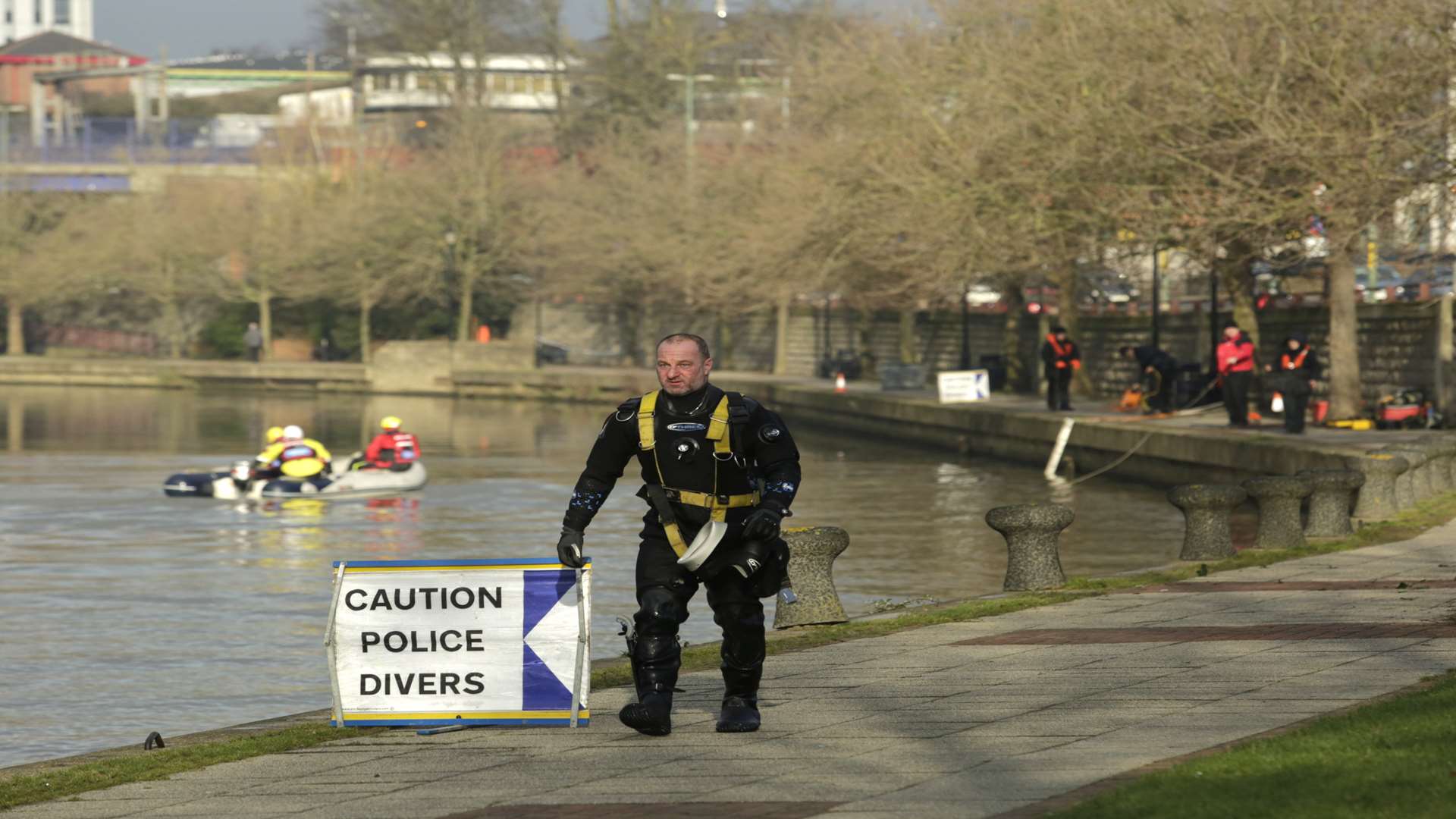 The scene at the River Medway as police divers conduct a search for Pat Lamb