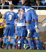 Gillingham celebrate their winner. Picture: GRANT FALVEY