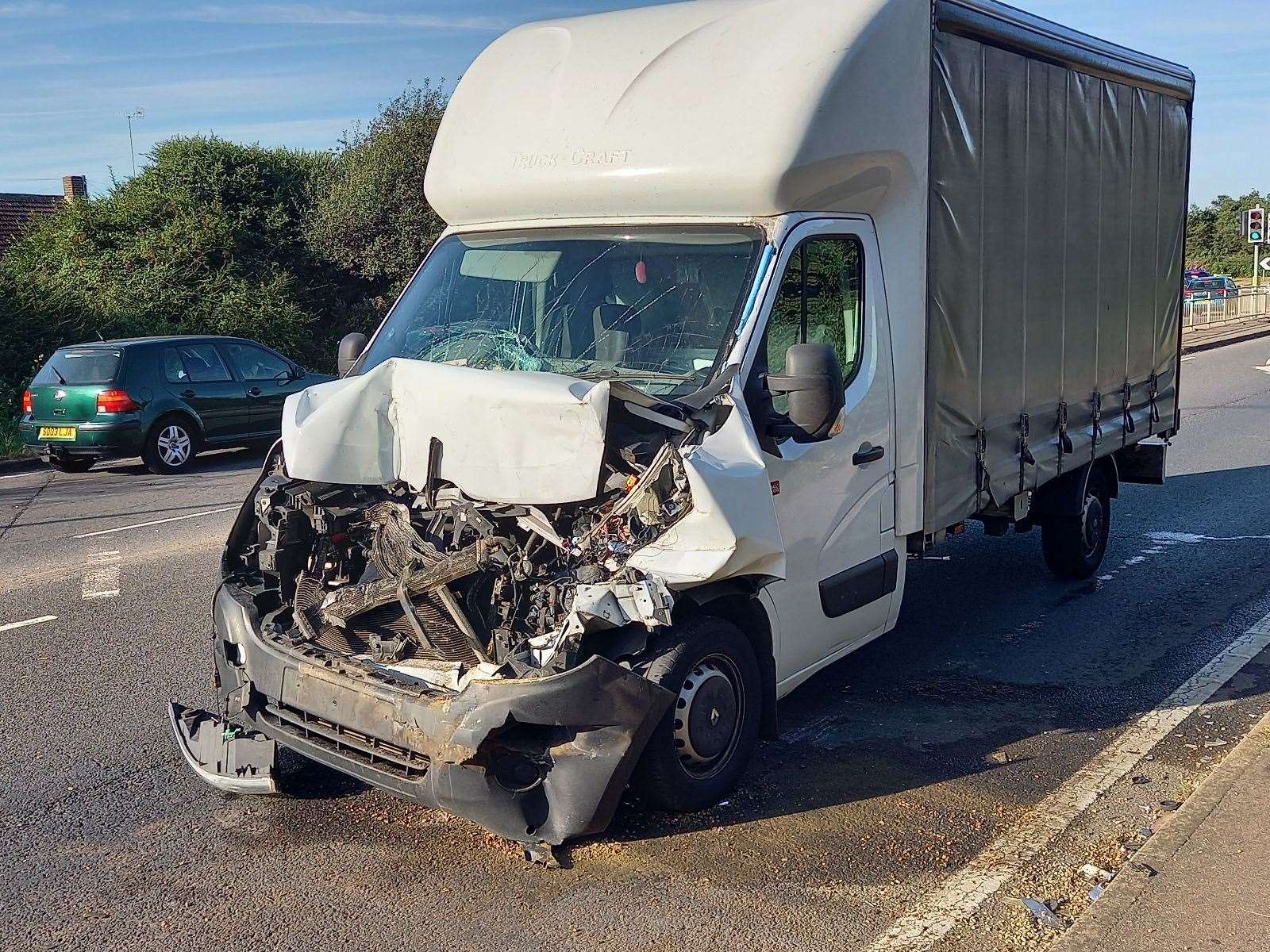 The front of van was seriously damaged, but no one was seriously hurt in the crash