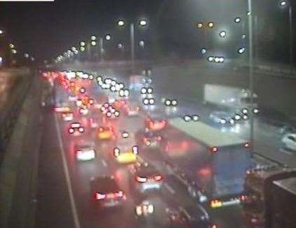 Traffic is queueing on the approach to the Dartford Tunnel