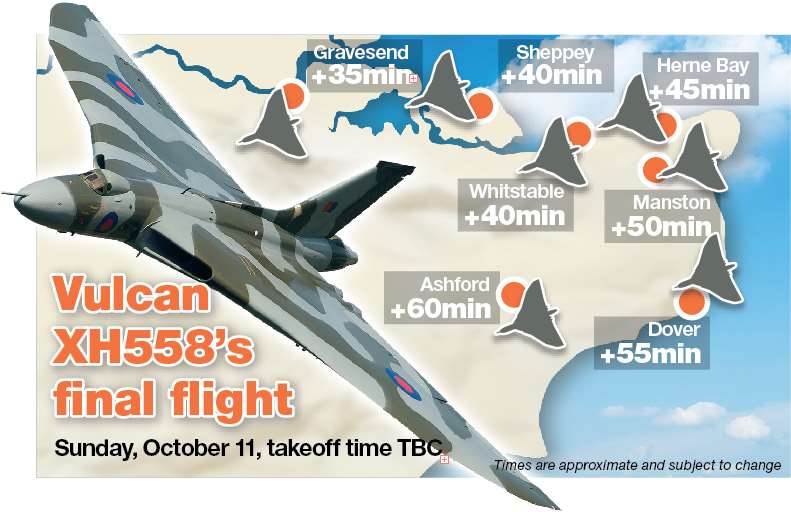 This map shows the approximate time after takeoff the plane will fly over each town on Sunday afternoon. The exact takeoff time has yet to be decided