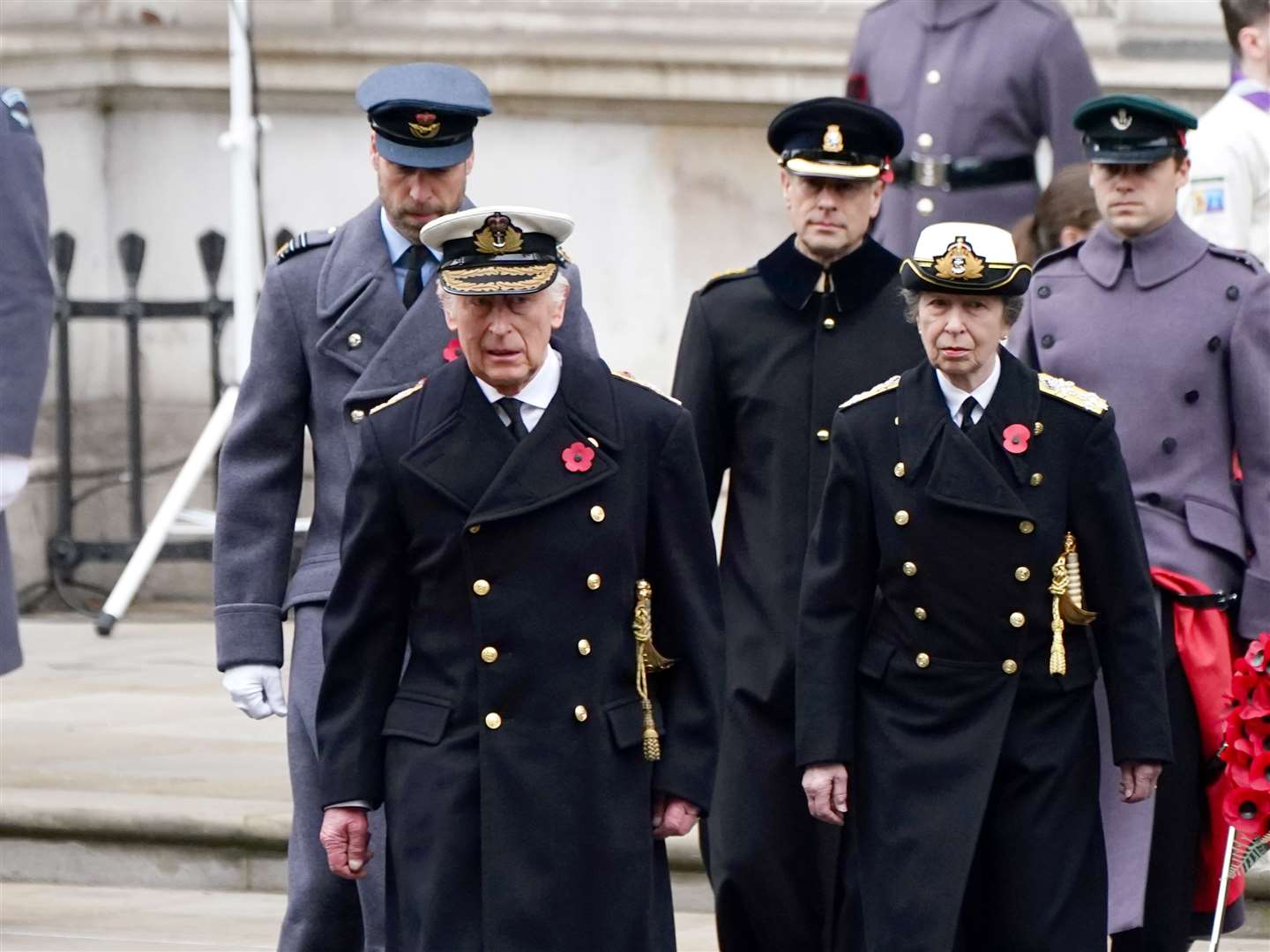 The King, the Princess Royal, followed by the Prince of Wales and the Duke of Edinburgh during the Remembrance Sunday service (Jordan Pettitt/PA)